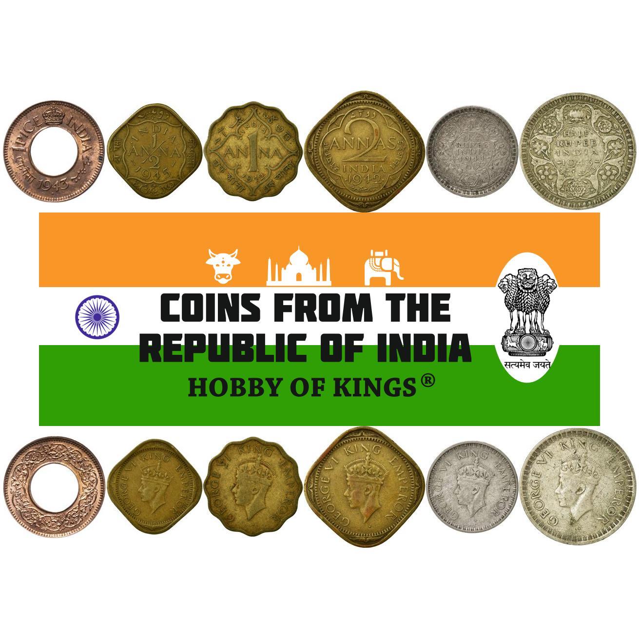 India - British | 6 Coin Set | 1 Pice 1/2 1 Anna 2 Annas 1/4 1/2 Rupee | 1942 - 1945