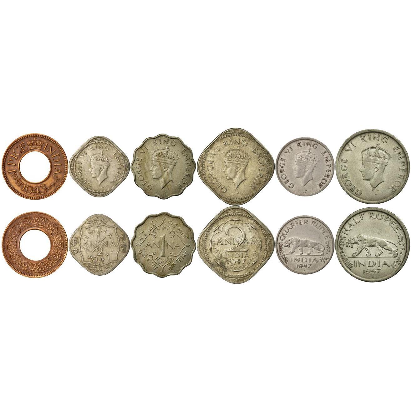 India - British | 6 Coin Set | 1 Pice 1/2 1 Anna 2 Annas 1/4 1/2 Rupee | 1943 - 1947