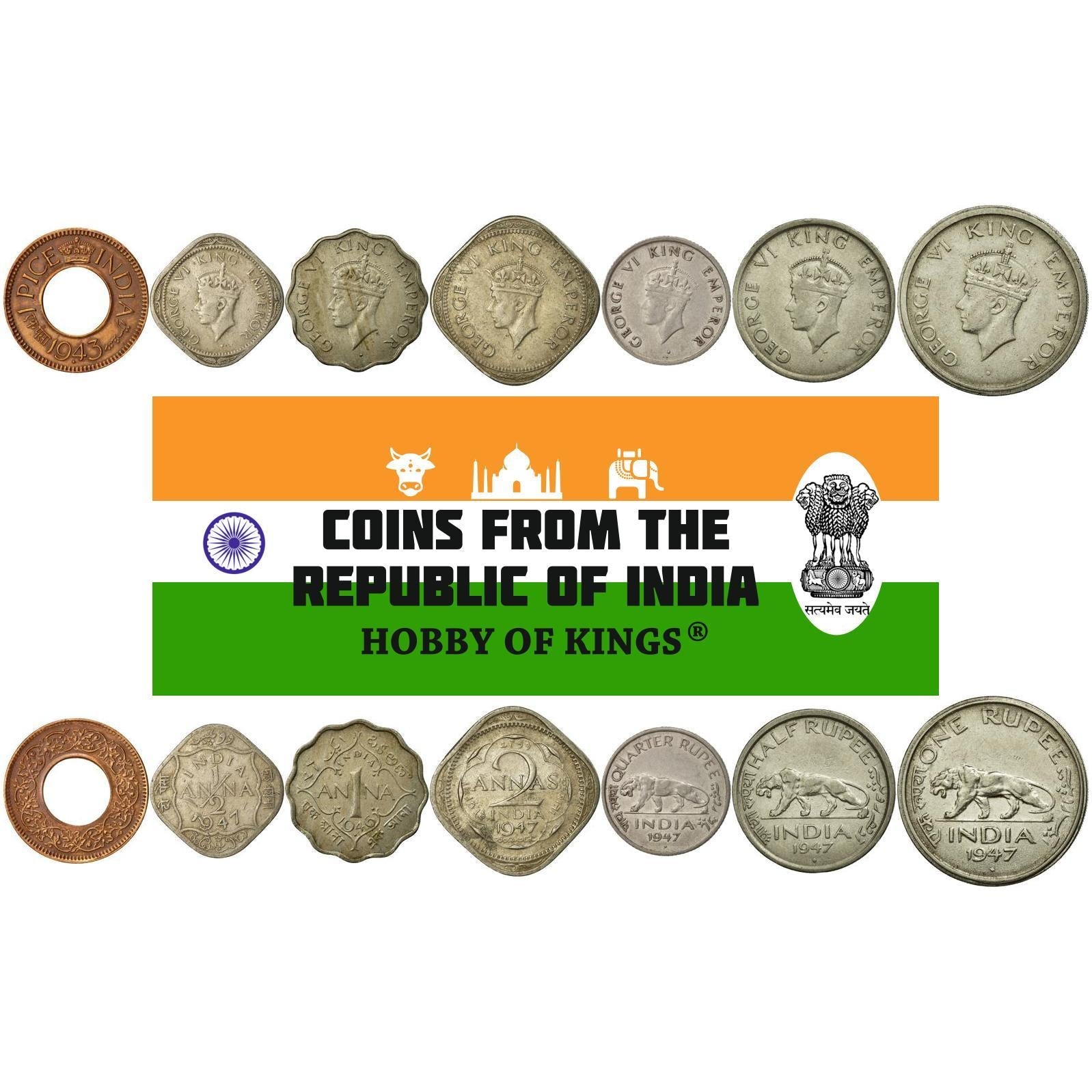 India - British | 7 Coin Set | 1 Pice 1/2 1 Anna 2 Annas 1/4 1/2 1 Rupee | 1943 - 1947