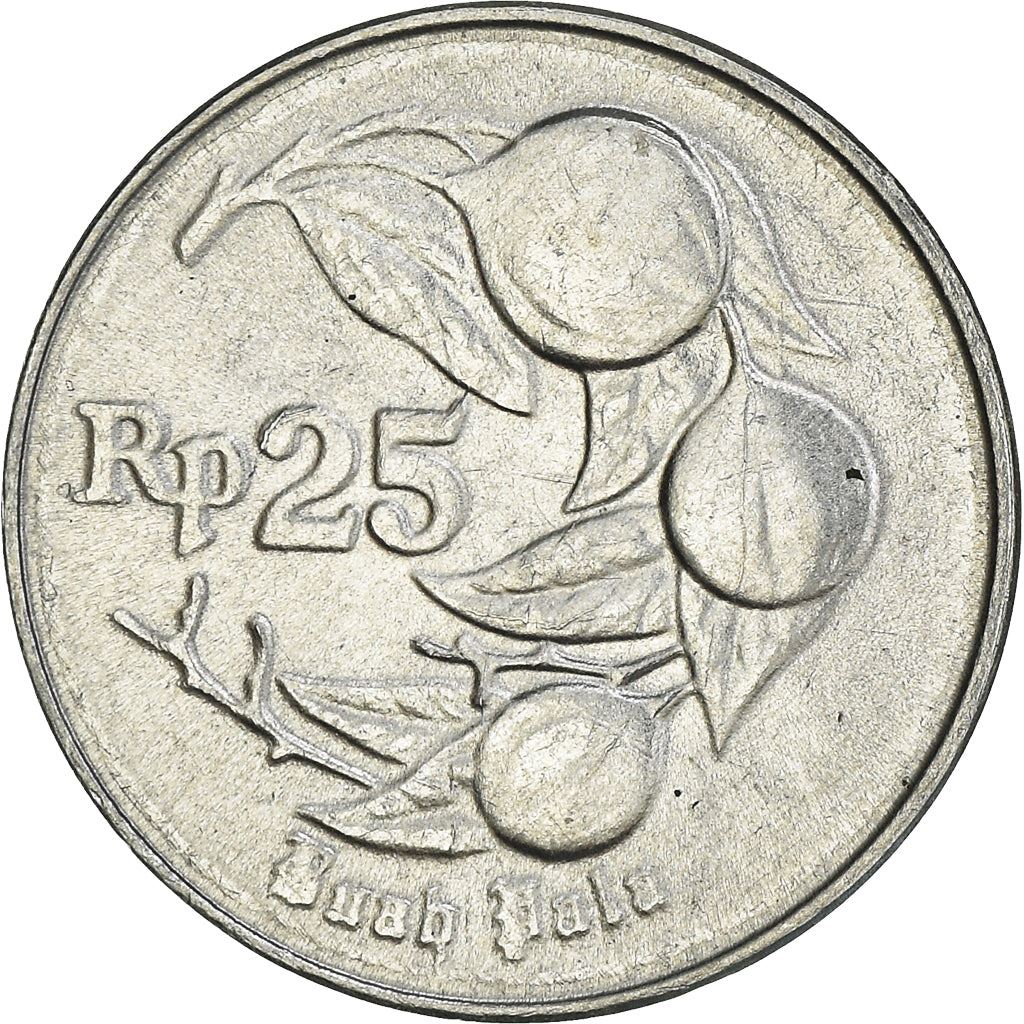 Indonesian 25 Rupiah Coin | Nutmeg | Myristica Fragrans | KM55 | Indonesia | 1991 - 1996