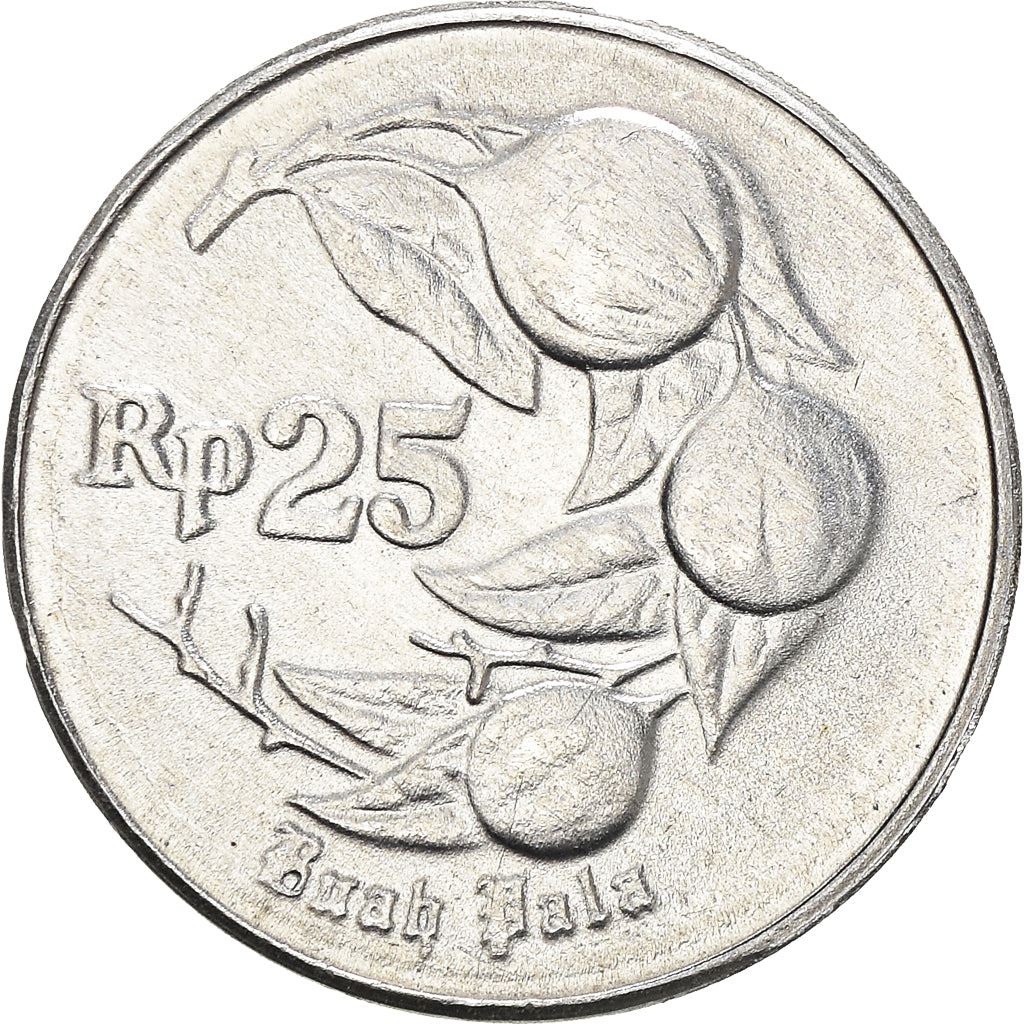 Indonesian 25 Rupiah Coin | Nutmeg | Myristica Fragrans | KM55 | Indonesia | 1991 - 1996