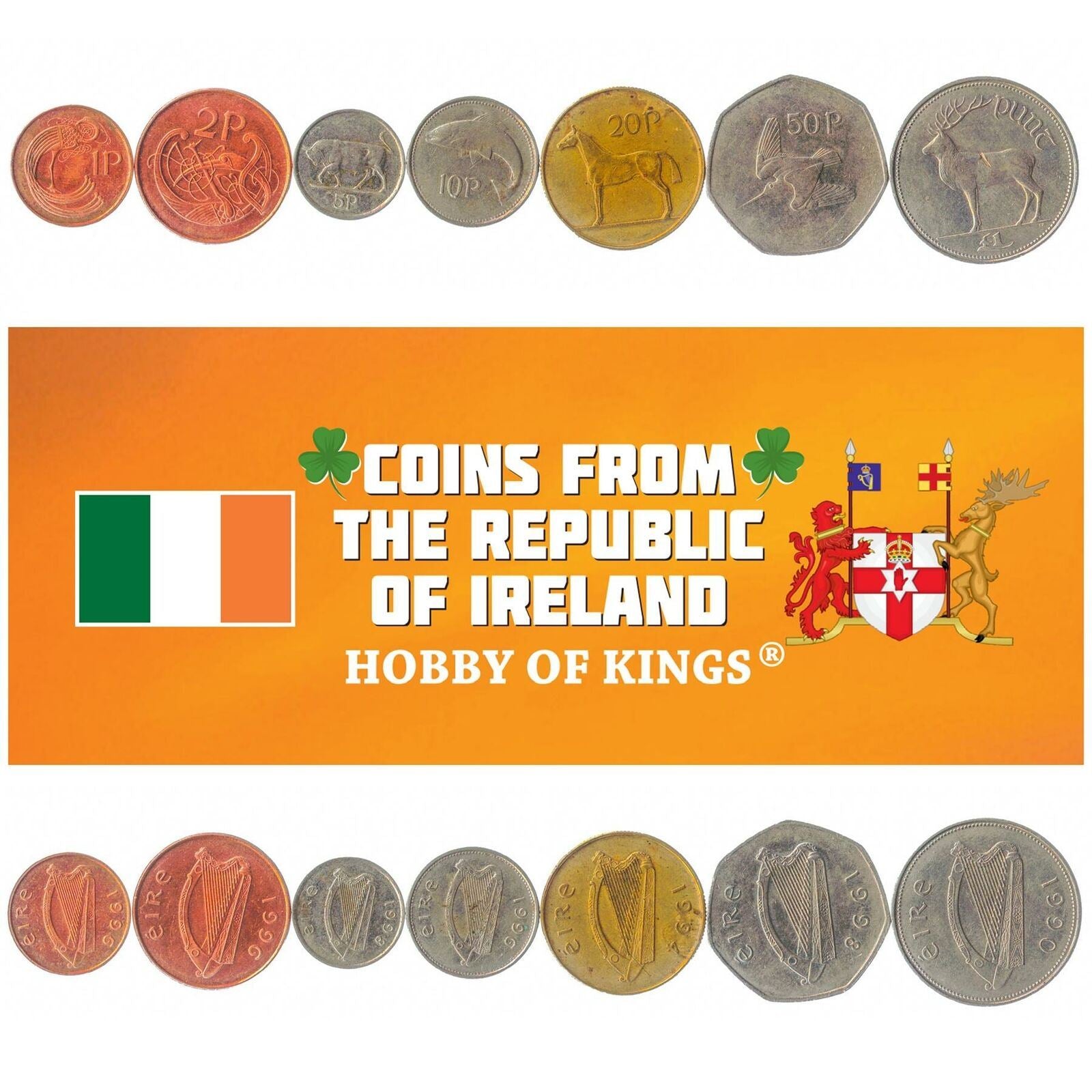 Ireland 7 Coin Set 1 2 5 10 20 50 Pence 1 Pound | Bull | Horse | Deer | Woodcock | Salmon | Irish Harp | 986 - 2000