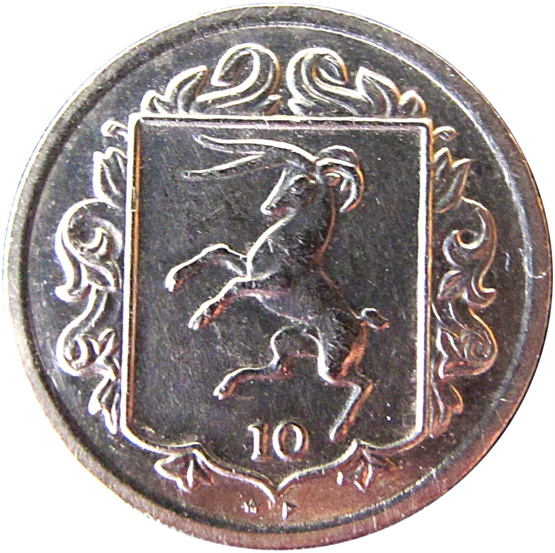 Isle of Man 10 Pence Coin | Queen Elizabeth II | Loaghtan Ram | Shield | KM115 | 1984