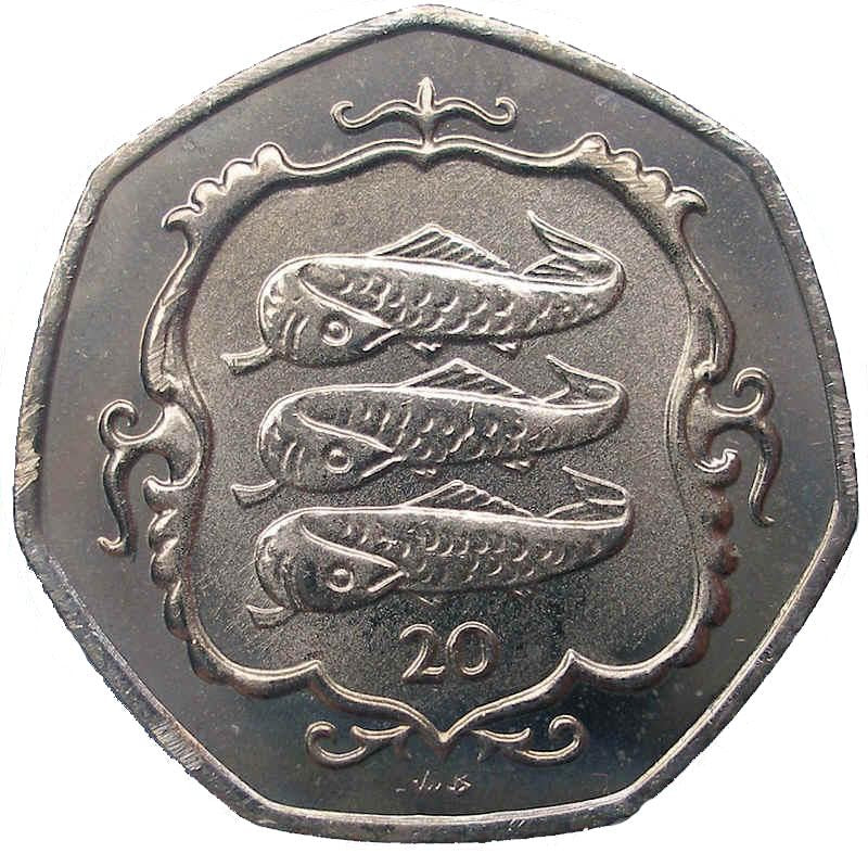 Isle of Man | 20 Pence Coin | Queen Elizabeth II | Atlantic Herring | Shield | KM147 | 1985 - 1987