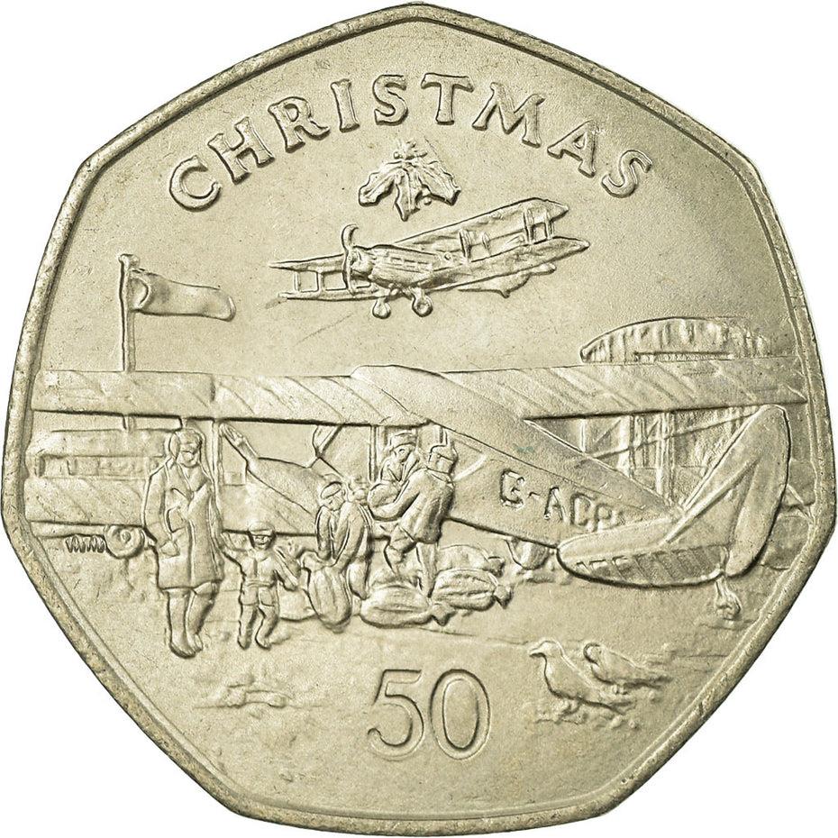 Isle of Man Coin Man 50 Pence | Queen Elizabeth II | Christmas | Plane | KM158 | 1985