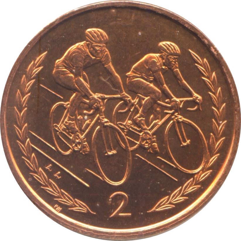 Isle of Man Coin Manx 2 Pence | Queen Elizabeth II | Bicyclists Racing | KM901.1 | 1998