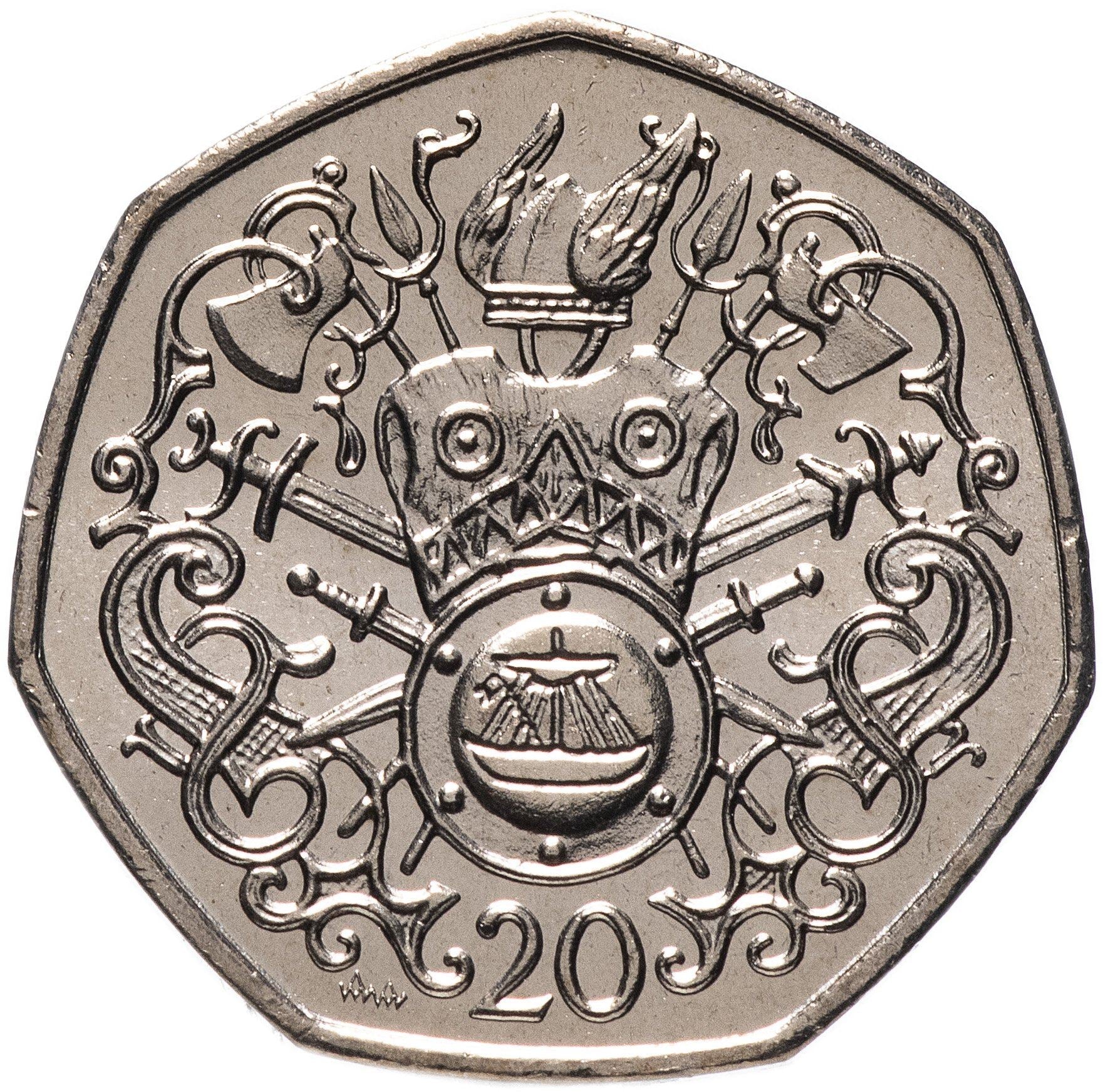 Isle of Man Coin Manx 20 Pence | Queen Elizabeth II | Shield | Sword | Helmet | Armor | KM90 | 1982 - 1983