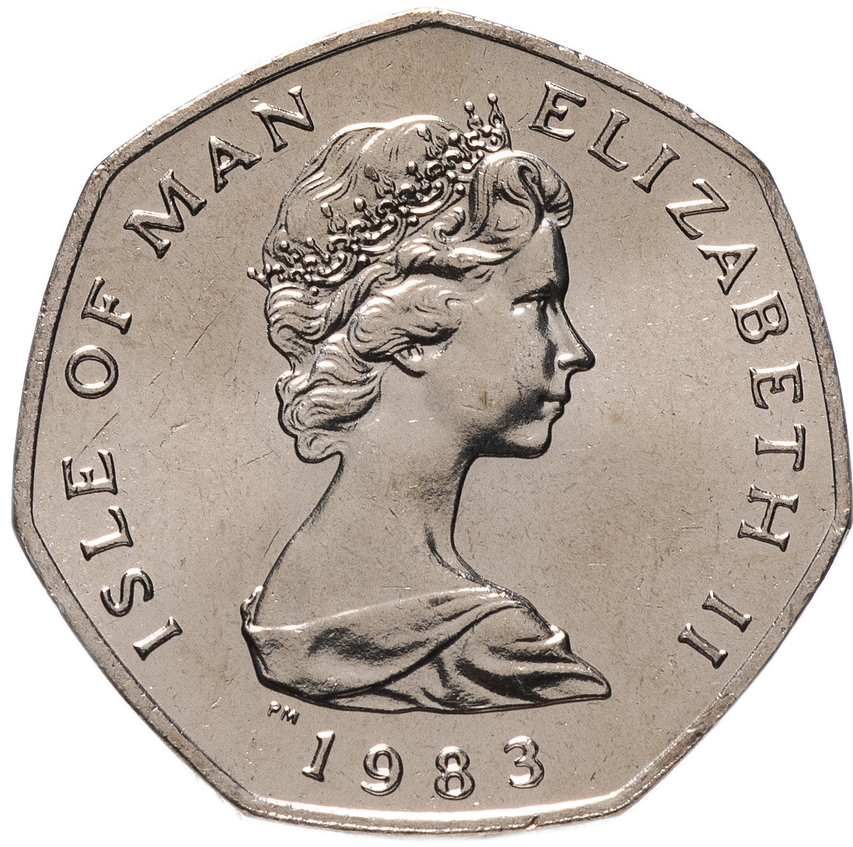 Isle of Man Coin Manx 20 Pence | Queen Elizabeth II | Shield | Sword | Helmet | Armor | KM90 | 1982 - 1983