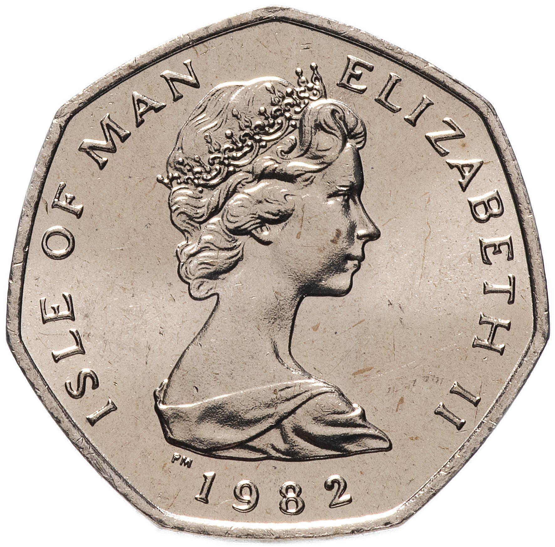 Isle of Man Coin Manx 20 Pence | Queen Elizabeth II | Shield | Sword | Helmet | Armor | KM90 | 1982 - 1983