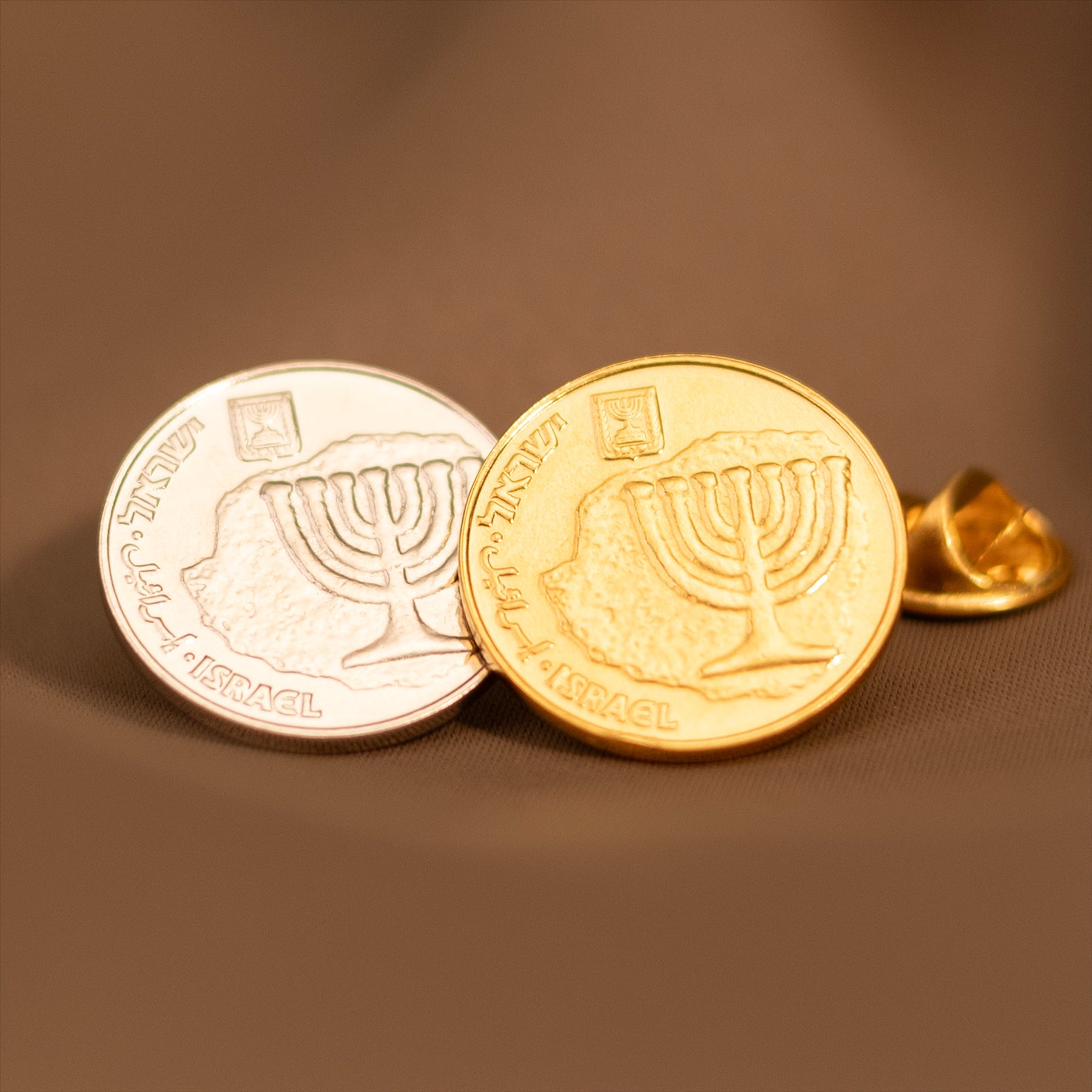 Israeli Coin Pin Brooch Badge | Genuine 10 Agorot | 18K Gold Plated | Menorah | Judaism Spiritual and Cultural Connection