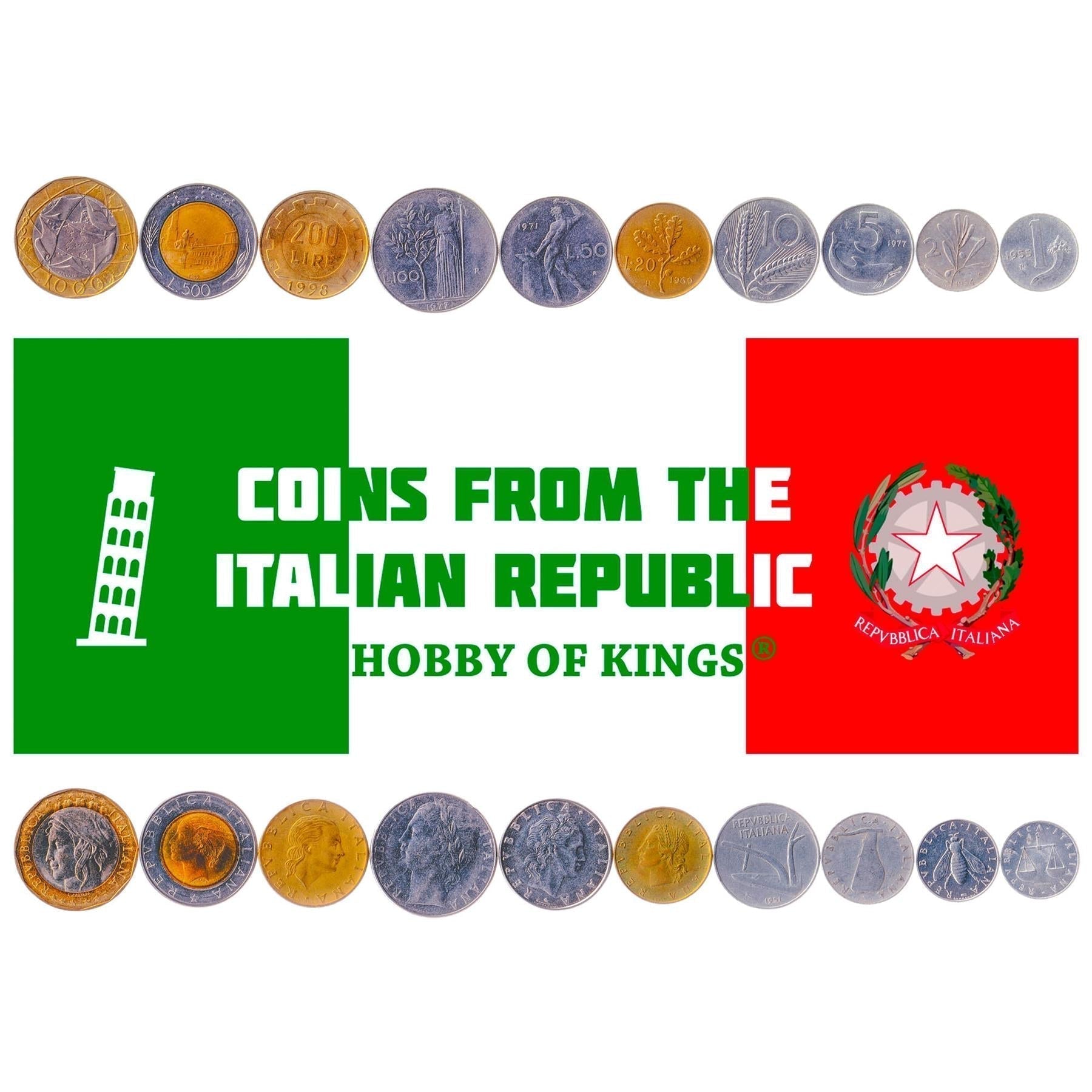 Italian 10 Coin Set 1 Lira 2 5 10 20 50 100 200 500 1000 Lire | Bee | Dolphin | Piazza del Quirinale | Globe | Ship | Star | Long Spear | Minerva | Gear | Plough | Cornucopia | Wheat Sprigs | Meridian | Vulcan | Scales | Iron | Anvil | 1951 - 2001