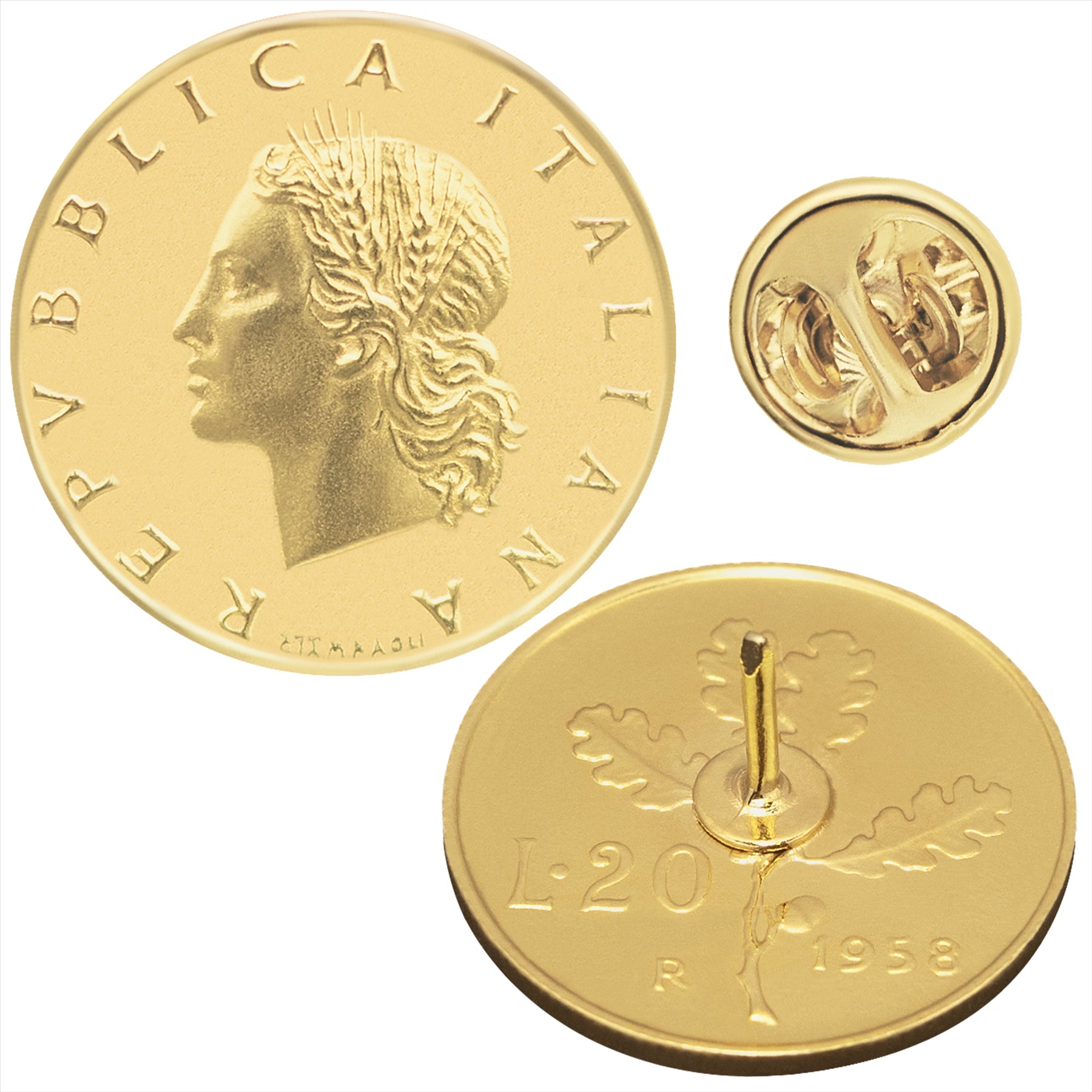 Italian Coin Pin Brooch Badge | Genuine 20 Lire | 18K Gold Plated | Goddess Roma