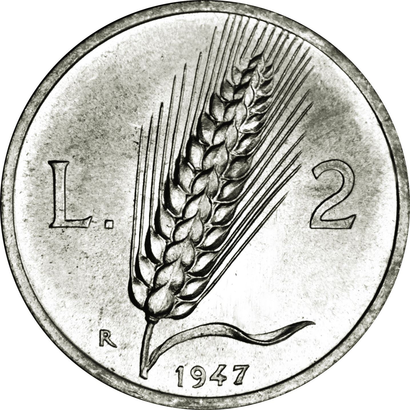 Italy | 2 Lire Coin | Farmer | Plowing Field | Wheat Ear | KM88 | 1946 - 1950