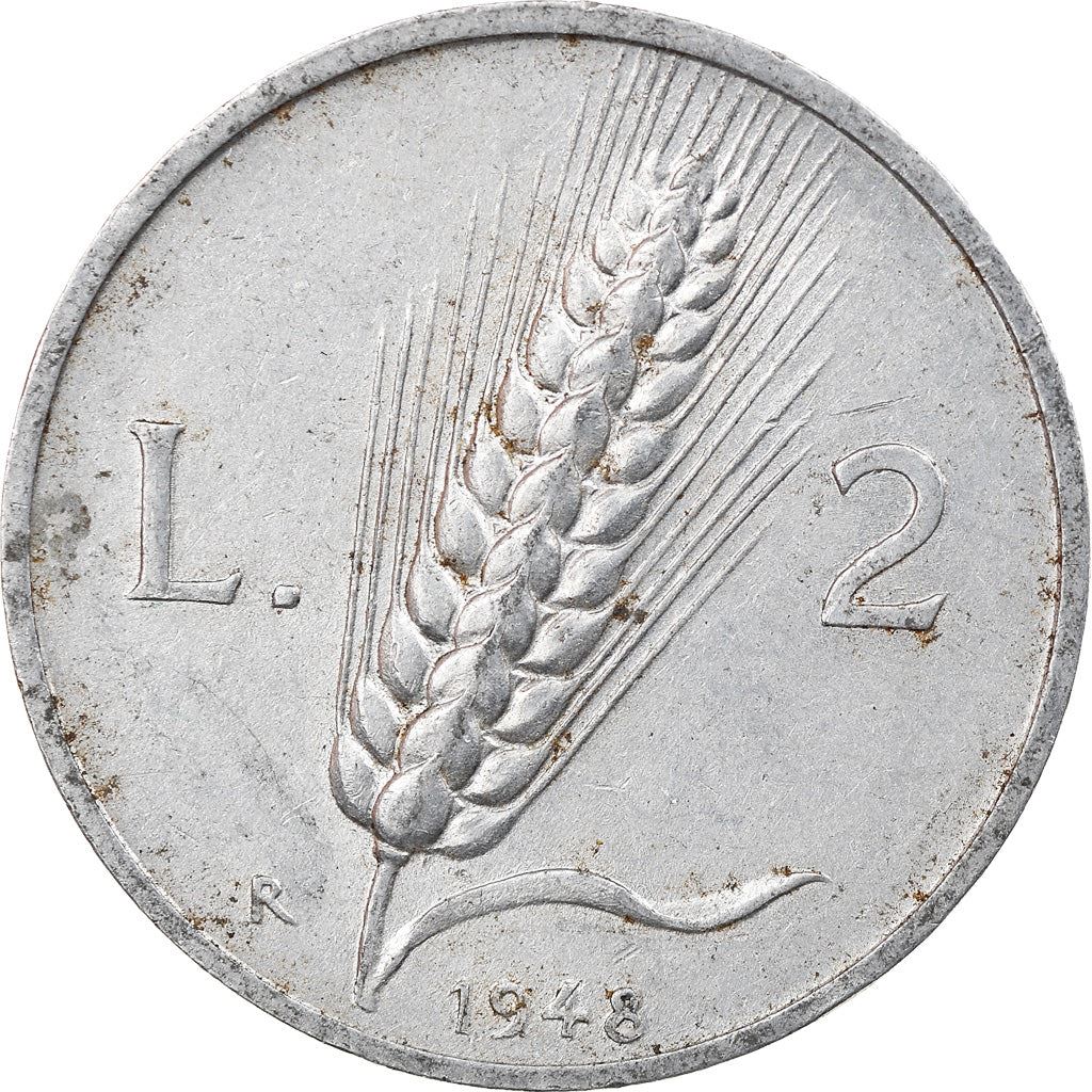 Italy | 2 Lire Coin | Farmer | Plowing Field | Wheat Ear | KM88 | 1946 - 1950