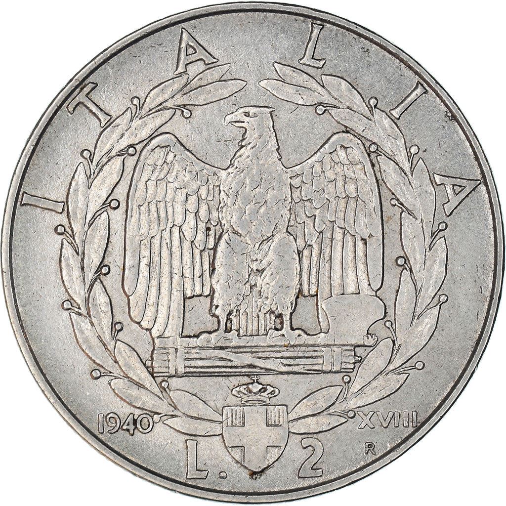 Italy 2 Lire Coin | Vittorio Emanuele III | Eagle | Fasces | Axe | KM78b | 1939 - 1943