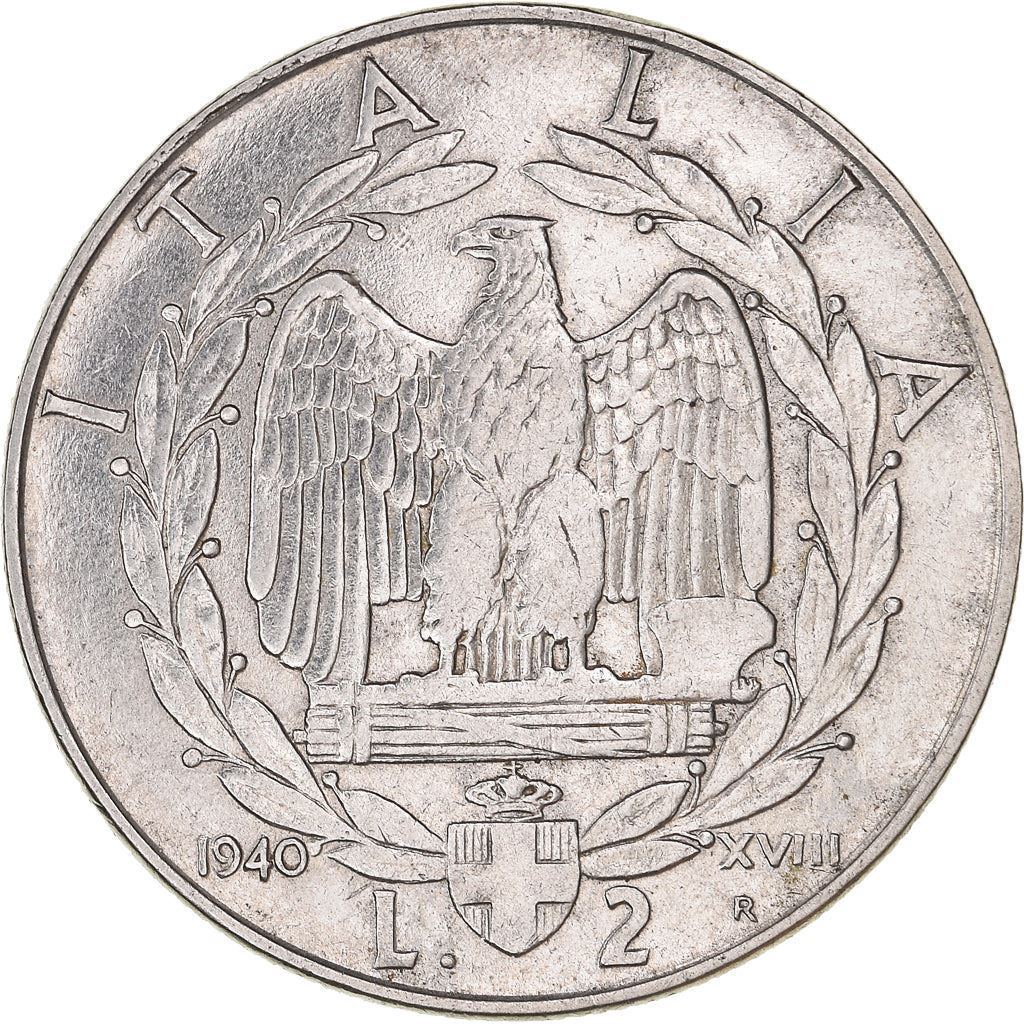 Italy 2 Lire Coin | Vittorio Emanuele III | Eagle | Fasces | Axe | KM78b | 1939 - 1943