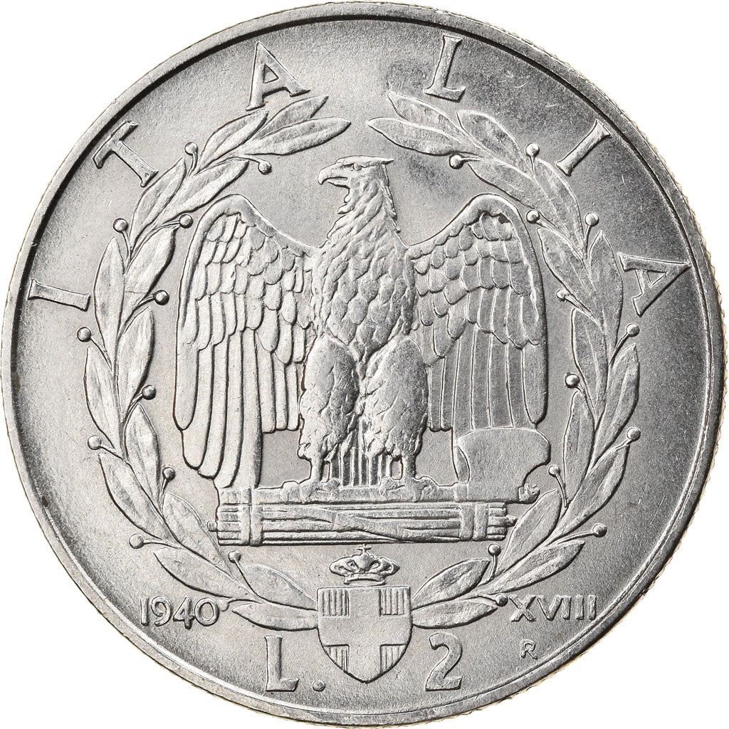 Italy 2 Lire Coin | Vittorio Emanuele III | Eagle | Fasces | Axe | KM78b | 1939 - 1943