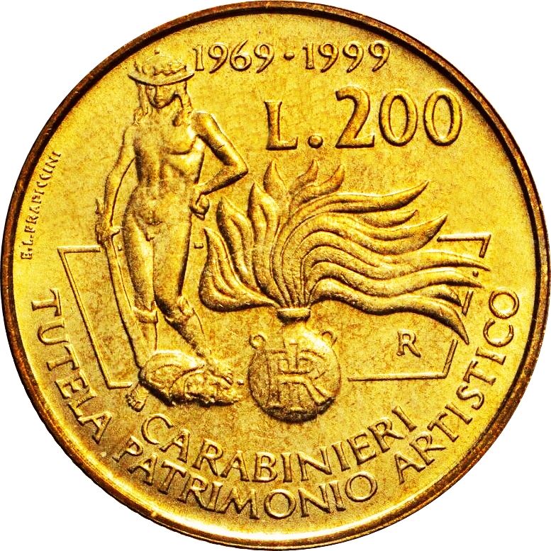 Italy 200 Lire Coin | Carabinieri Art Squad | David Statue | Donatello | KM218 | 1999