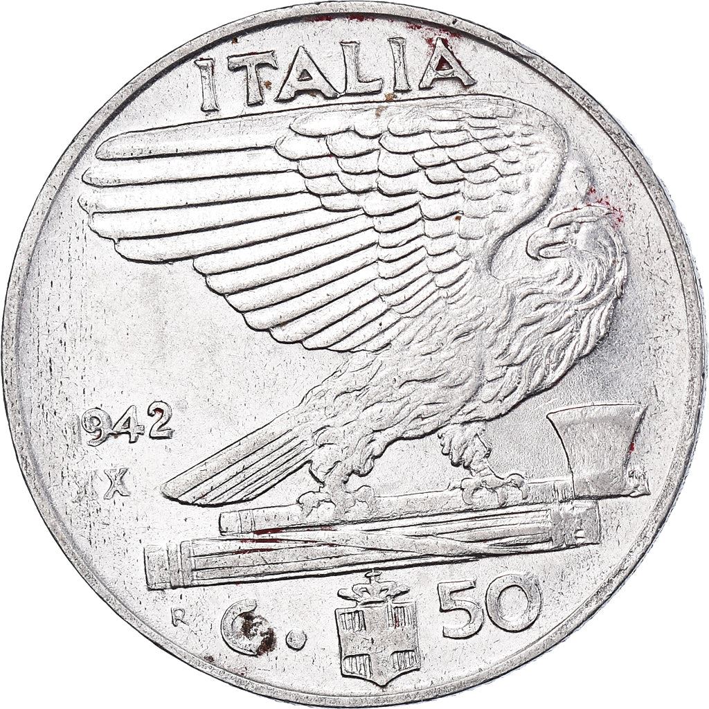 Italy 50 Centesimi Coin | Vittorio Emanuele III | Eagle | Fasces | Axe | KM76b | 1939 - 1943