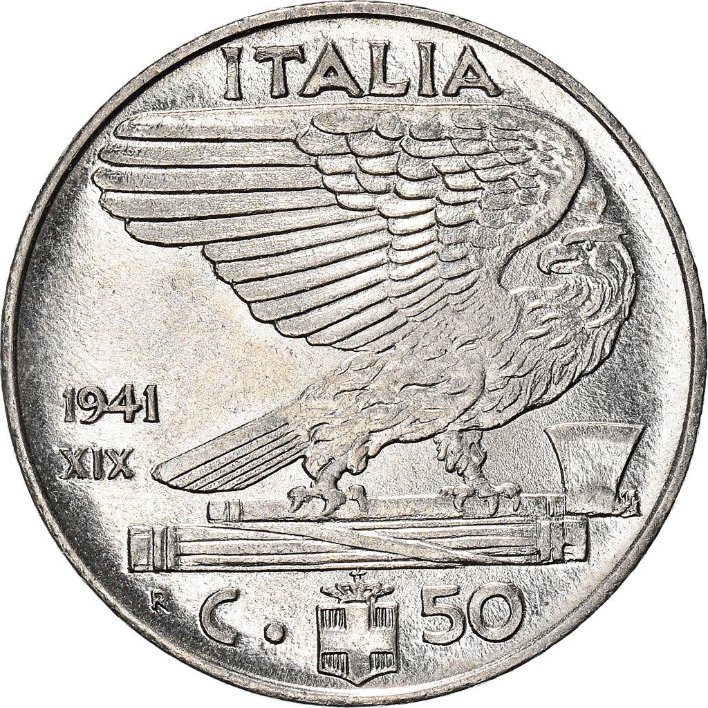 Italy 50 Centesimi Coin | Vittorio Emanuele III | Eagle | Fasces | Axe | KM76b | 1939 - 1943