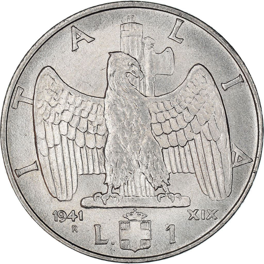 Italy Coin 1 Lira - Vittorio Emanuele III | Eagle | Fasces | Axe | Savoy Shield | KM77b | 1939 - 1943