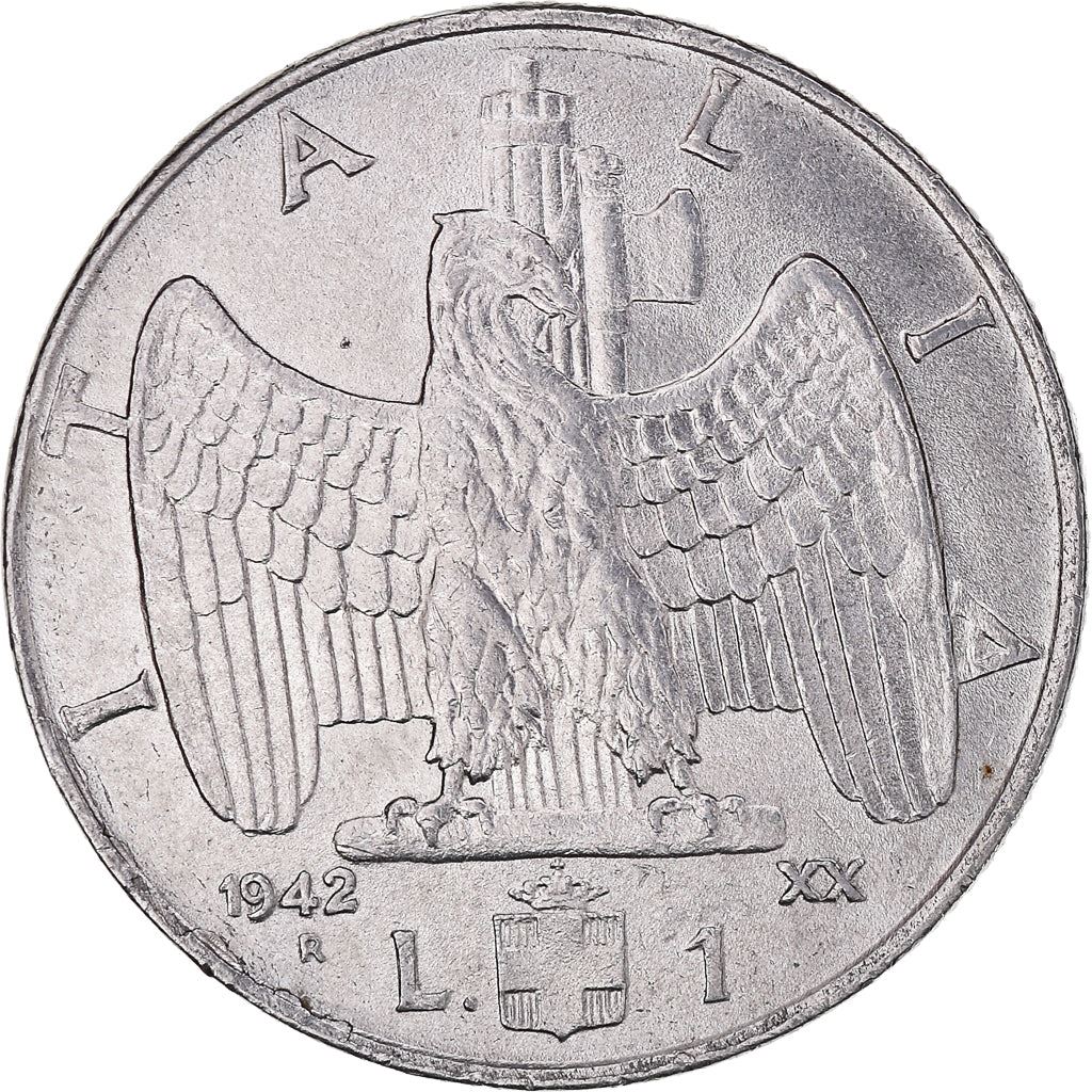 Italy Coin 1 Lira - Vittorio Emanuele III | Eagle | Fasces | Axe | Savoy Shield | KM77b | 1939 - 1943