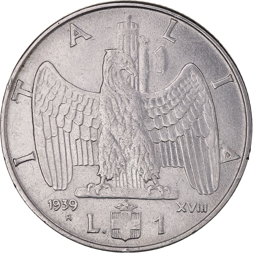 Italy Coin 1 Lira - Vittorio Emanuele III | Eagle | Savoy Shield | Axe | KM77a | 1939 - 1940