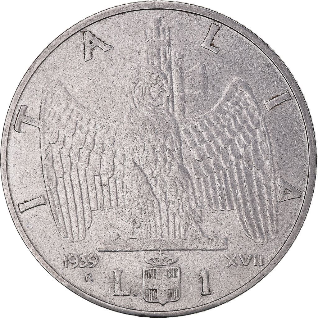 Italy Coin 1 Lira - Vittorio Emanuele III | Eagle | Savoy Shield | Axe | KM77a | 1939 - 1940