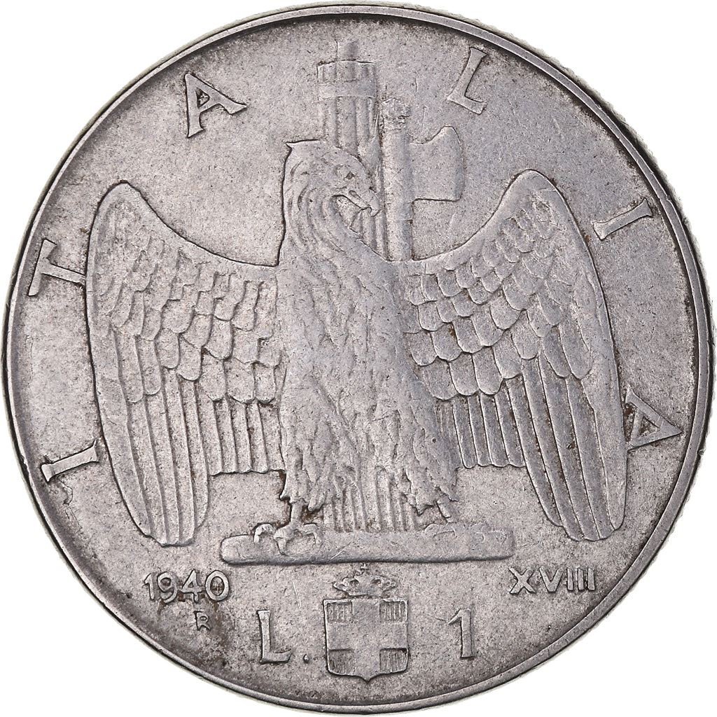 Italy Coin 1 Lira - Vittorio Emanuele III | Eagle | Savoy Shield | Axe | KM77a | 1939 - 1940