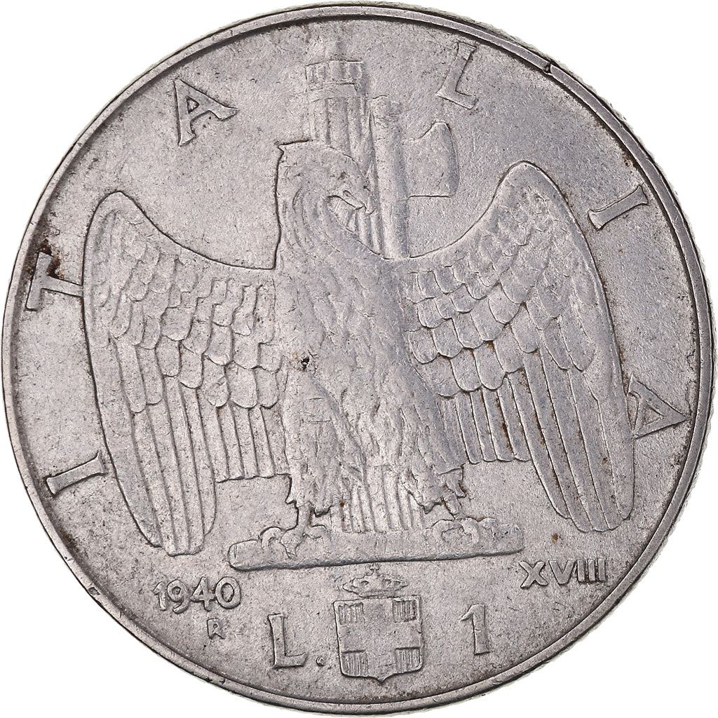 Italy Coin 1 Lira - Vittorio Emanuele III | Eagle | Savoy Shield | Axe | KM77a | 1939 - 1940