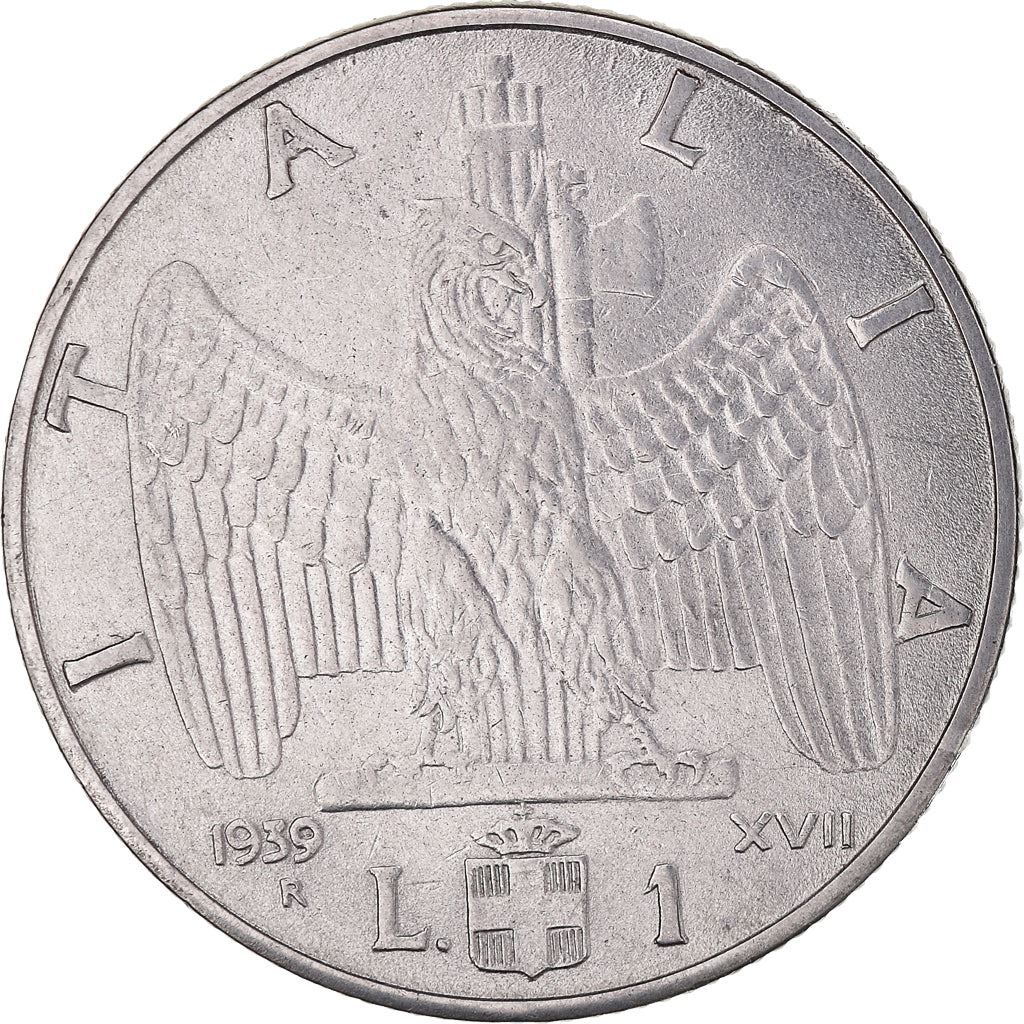 Italy Coin 1 Lira - Vittorio Emanuele III | Eagle | Savoy Shield | Axe | KM77a | 1939 - 1940