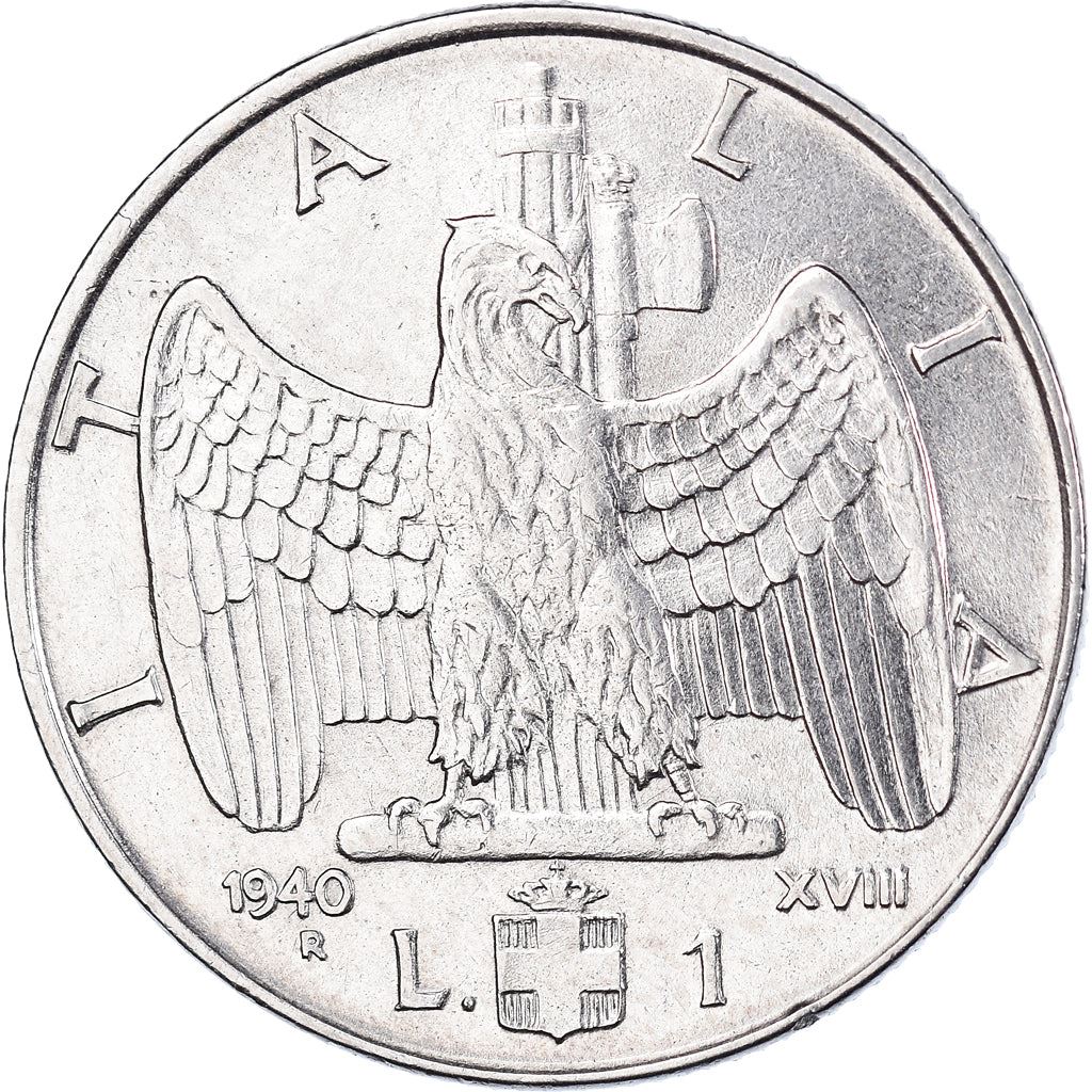 Italy Coin 1 Lira - Vittorio Emanuele III | Eagle | Savoy Shield | Axe | KM77a | 1939 - 1940