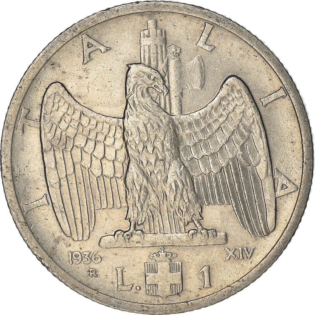 Italy Coin 1 Lira - Vittorio Emanuele III | Eagle | Shield | Axe | KM77 | 1936 - 1938