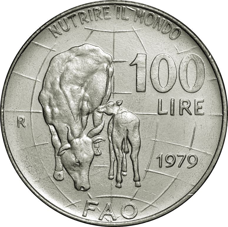 Italy Coin 100 Lire FAO | Libertine | Goddess Ceres | Flower | Calf | KM106 | 1979