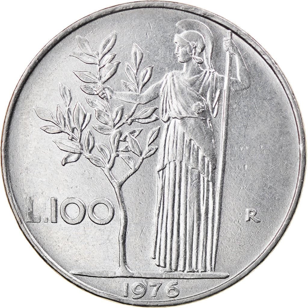 Italy Coin 100 Lire large type | Goddess Minerva | Long Spear | Tree | KM96.1 | 1955 - 1989