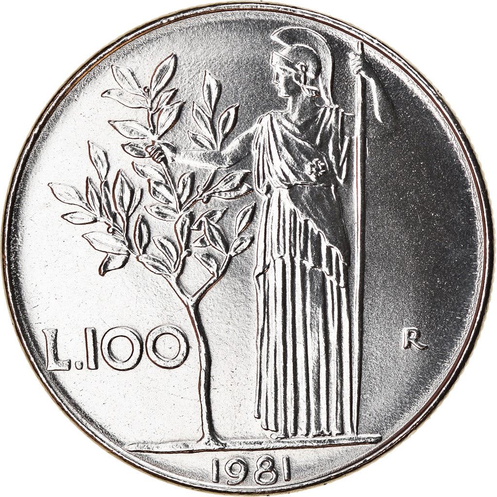 Italy Coin 100 Lire large type | Goddess Minerva | Long Spear | Tree | KM96.1 | 1955 - 1989