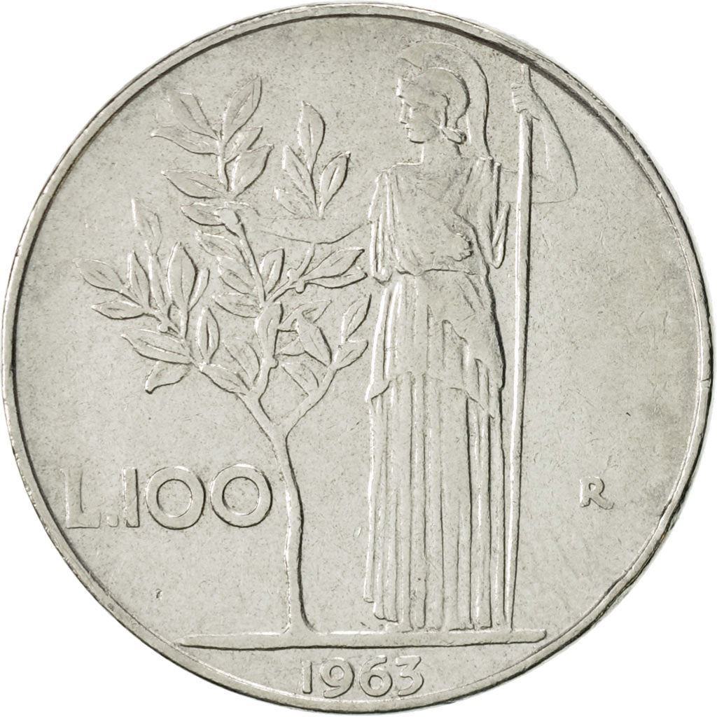 Italy Coin 100 Lire large type | Goddess Minerva | Long Spear | Tree | KM96.1 | 1955 - 1989