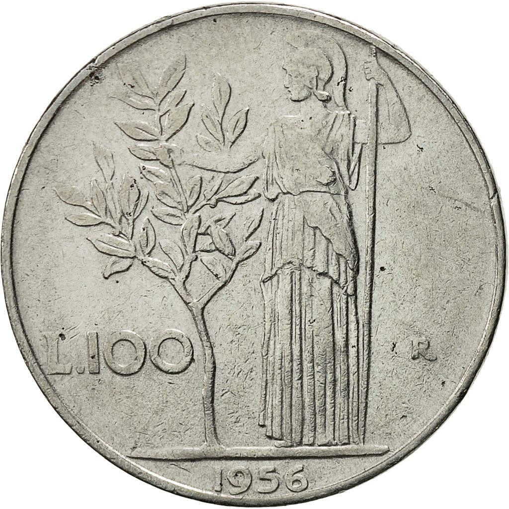 Italy Coin 100 Lire large type | Goddess Minerva | Long Spear | Tree | KM96.1 | 1955 - 1989