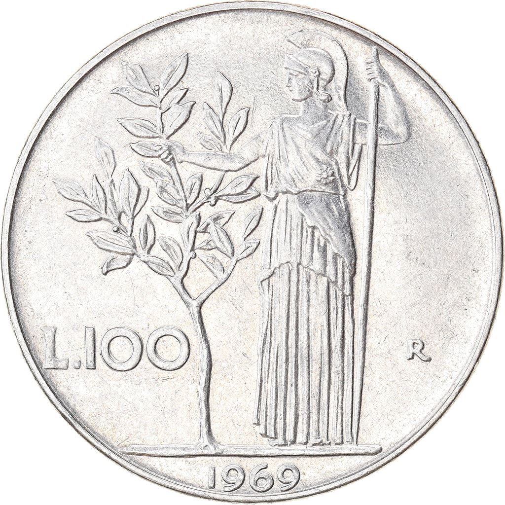 Italy Coin 100 Lire large type | Goddess Minerva | Long Spear | Tree | KM96.1 | 1955 - 1989