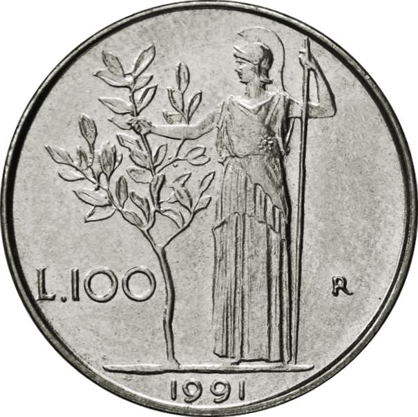 Italy Coin 100 Lire small type | Goddess Minerva | Long Spear | Olive Tree | KM96.2 | 1990 - 1992