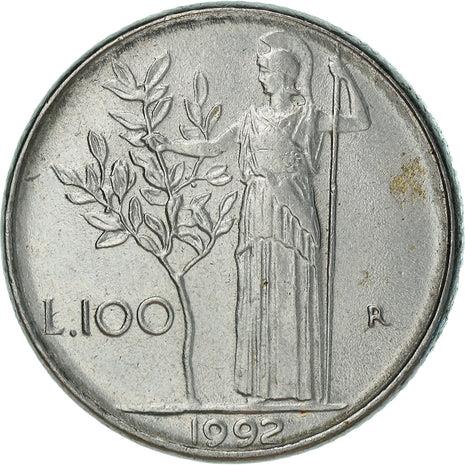 Italy Coin 100 Lire small type | Goddess Minerva | Long Spear | Olive Tree | KM96.2 | 1990 - 1992