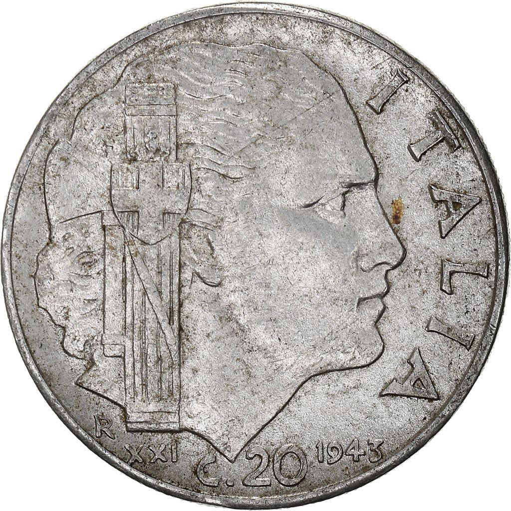 Italy Coin 20 Centesimi - Vittorio Emanuele III | Italia Turrita | Savoy Shield | KM75b | 1939 - 1943