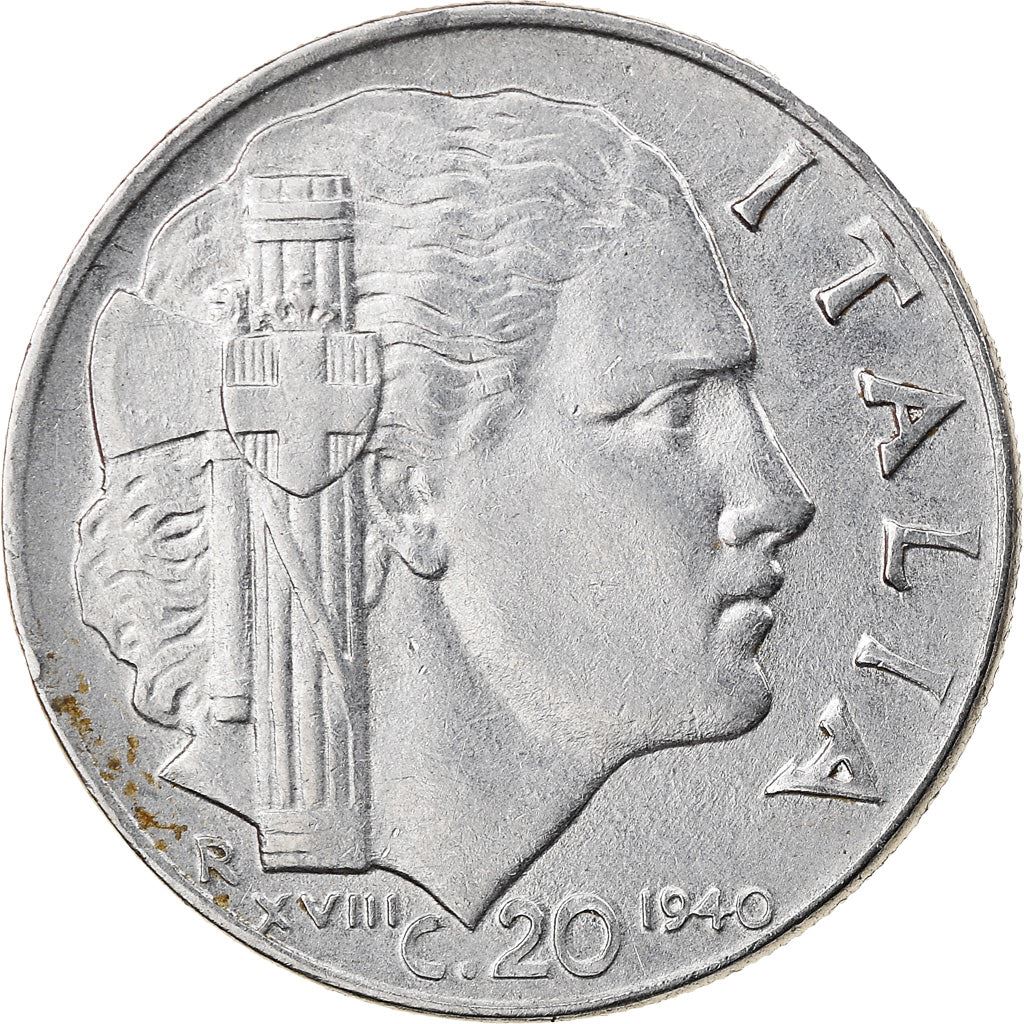 Italy Coin 20 Centesimi - Vittorio Emanuele III | Italia Turrita | Savoy Shield | KM75b | 1939 - 1943