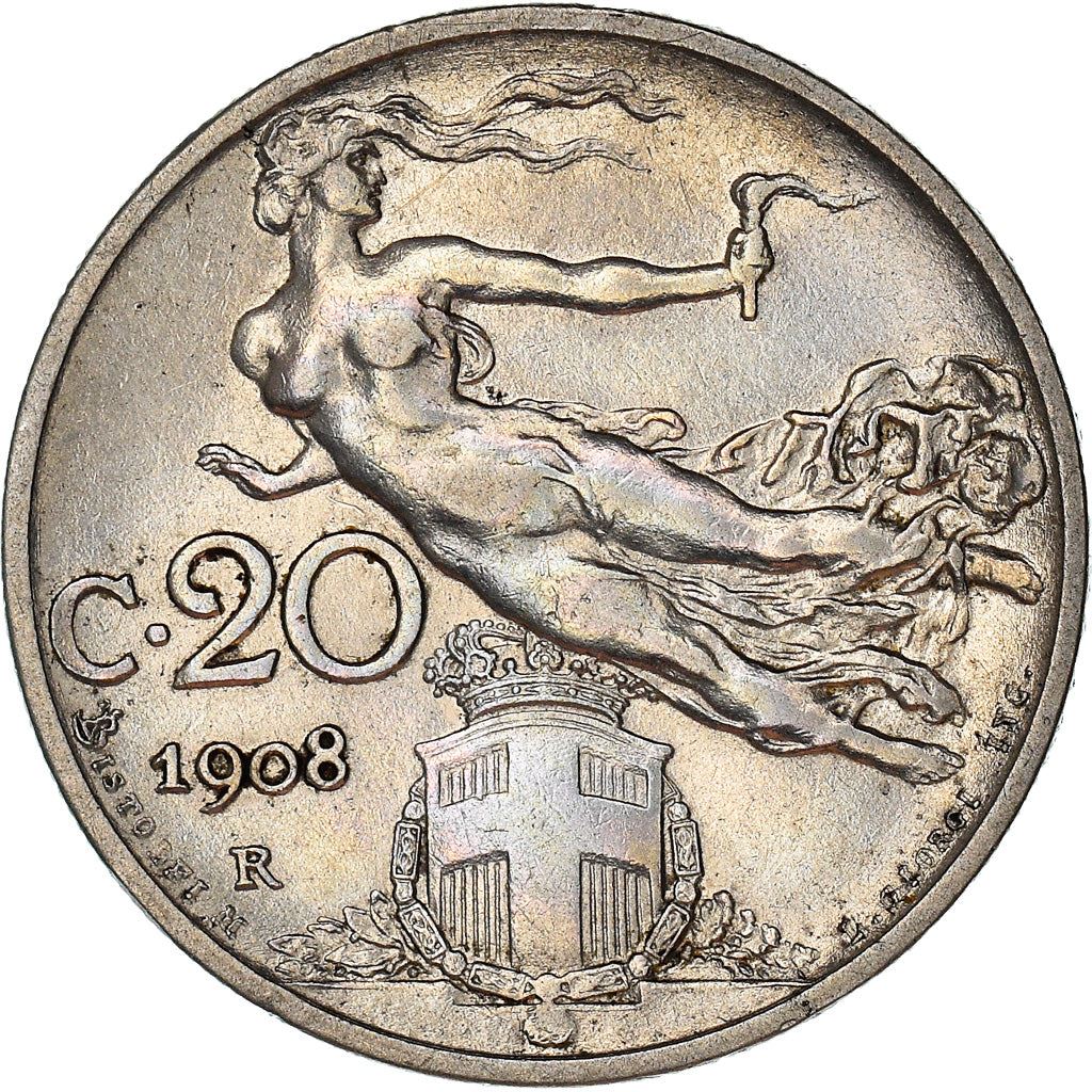 Italy Coin 20 Centesimi - Vittorio Emanuele III | Libertus | Flaming Torch | KM44 | 1908 - 1935