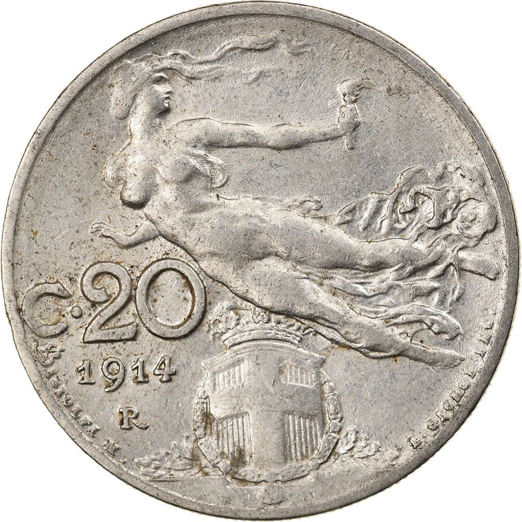 Italy Coin 20 Centesimi - Vittorio Emanuele III | Libertus | Flaming Torch | KM44 | 1908 - 1935