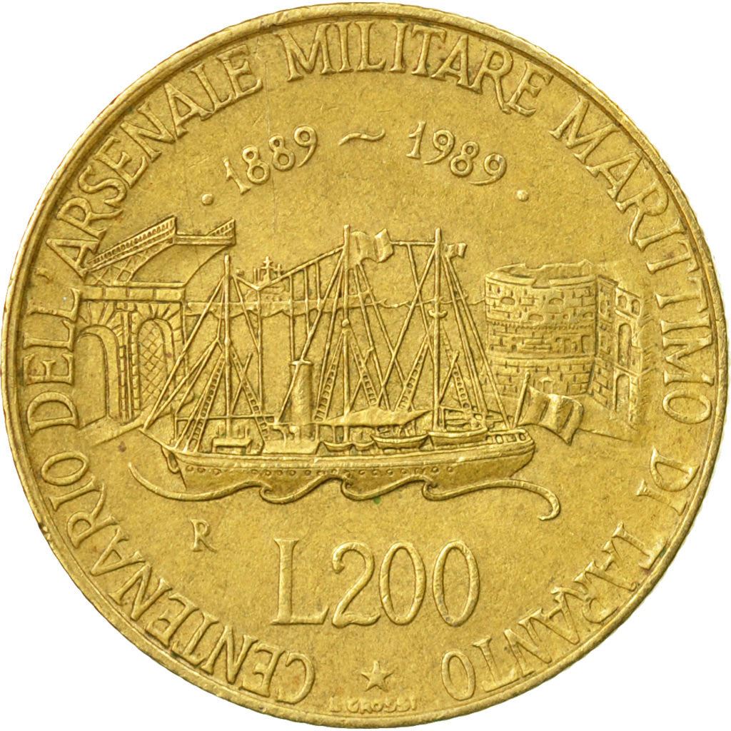 Italy Coin 200 Lire Taranto Naval Arsenal | Libertine | Ship Sailing | Castle | KM130 | 1989