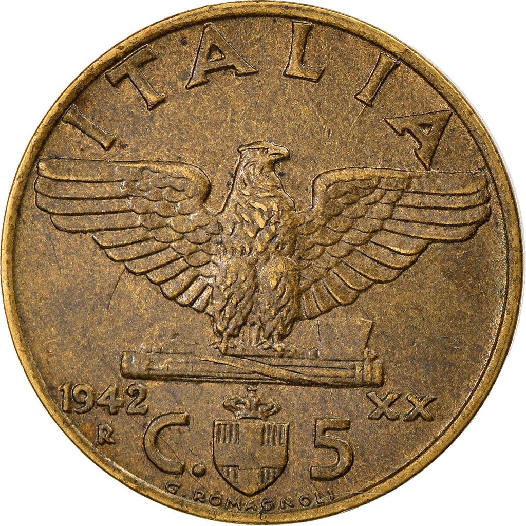 Italy Coin 5 Centesimi - Vittorio Emanuele III | Eagle | Fasces | Quadriga | KM73a | 1939 - 1943