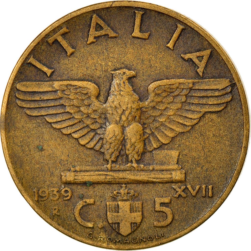 Italy Coin 5 Centesimi - Vittorio Emanuele III | Eagle | Fasces | Quadriga | KM73a | 1939 - 1943