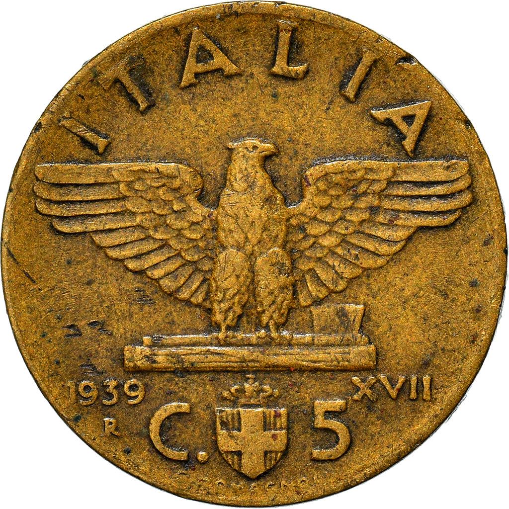 Italy Coin 5 Centesimi - Vittorio Emanuele III | Eagle | Fasces | Quadriga | KM73a | 1939 - 1943