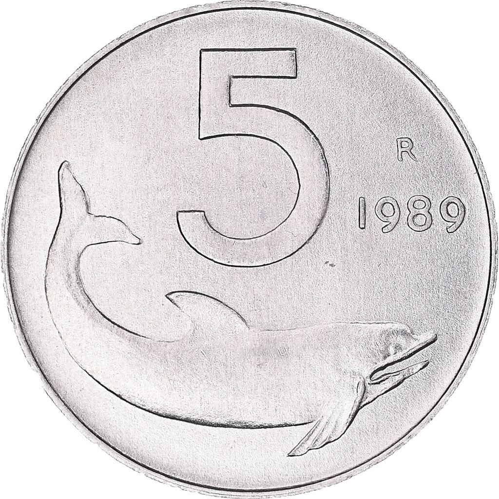 Italy Coin 5 Lire | Ship Rudder | Dolphin | KM92 | 1951 - 2001